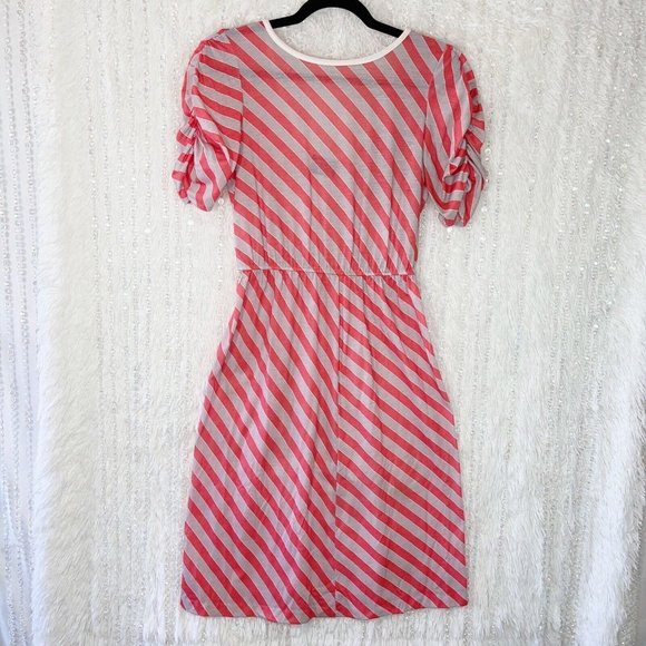 Vintage 80s Timely Trends Sheath Dress Size 9 MEDIUM Red Gray Stripe Puff Sleeve - Picture 1 of 10